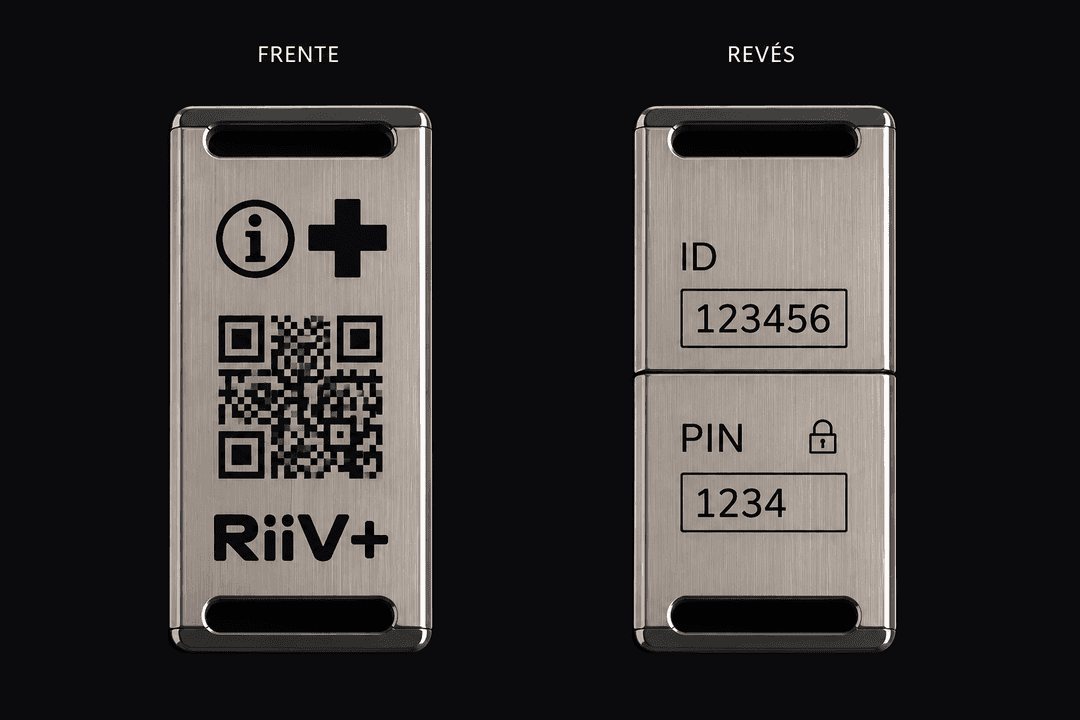 Dije RiiV+ — Acero inoxidable 316L con QR grabado al láser